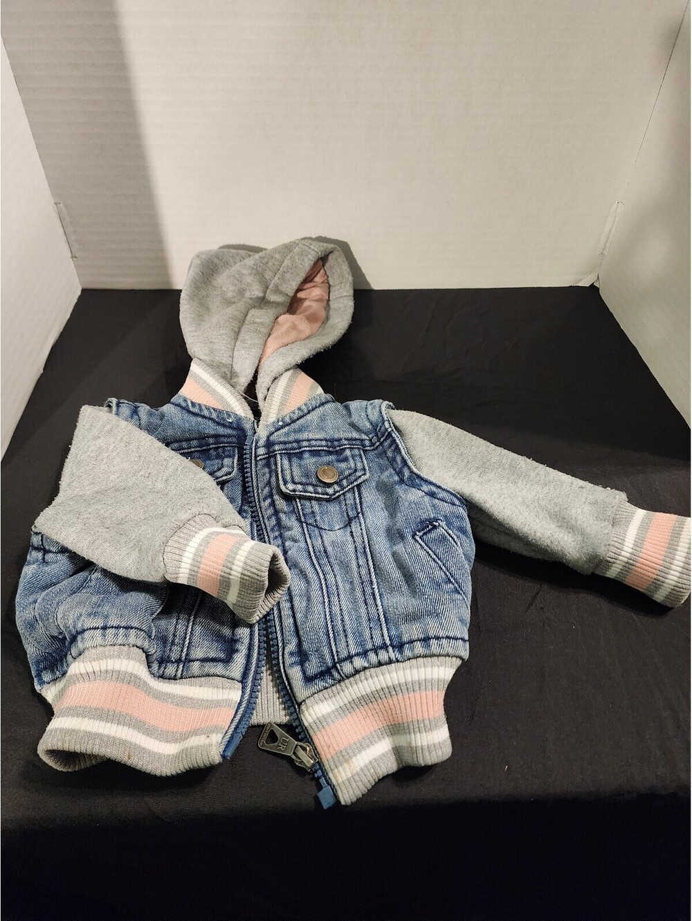 Girls Denim Hooded Jacket with Pink Stripes